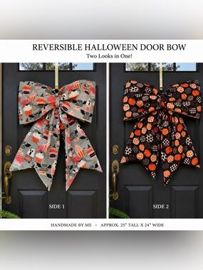 Handmade Reversible Halloween Door Bow - Gray and Black Pumpkin Print